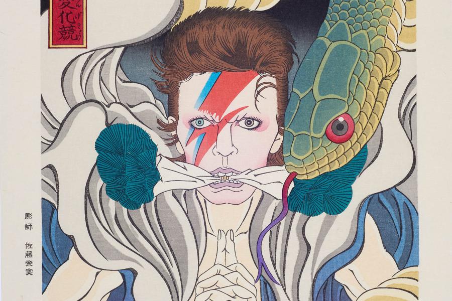 Masumi Ishikawa, David Bowie Shapeshifting Comparison „Kidomaru“ (Aladdin Sane) Ukiyo-e, Tokyo, 2018 Farbholzschnitt © UKIYO-E PROJECT