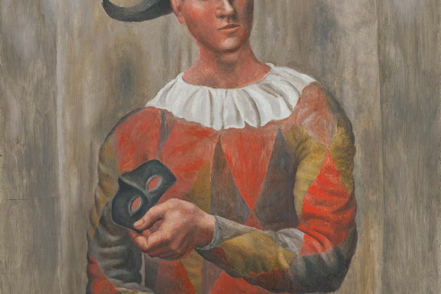 PABLO PICASSO, ARLEQUIN AU LOUP, 1918 Harlekin mit Halbmaske Öl auf Leinwand 116 x 89 cm Rudolf Staechelin Collection © Succession Picasso / 2019, ProLitteris, Zürich Foto: Robert Bayer