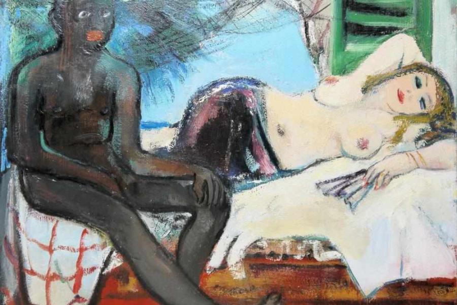 Josef Steiner, Junges Paar, Ölgemälde, 1945 Josef Steiner, 1899 – 1977, Hellhäutige Frau mit entblößtem Oberkörper auf einem Bett liegend, neben ihr auf dem Bett sitzend ein unbekleideter, dunkelhäutiger Mann