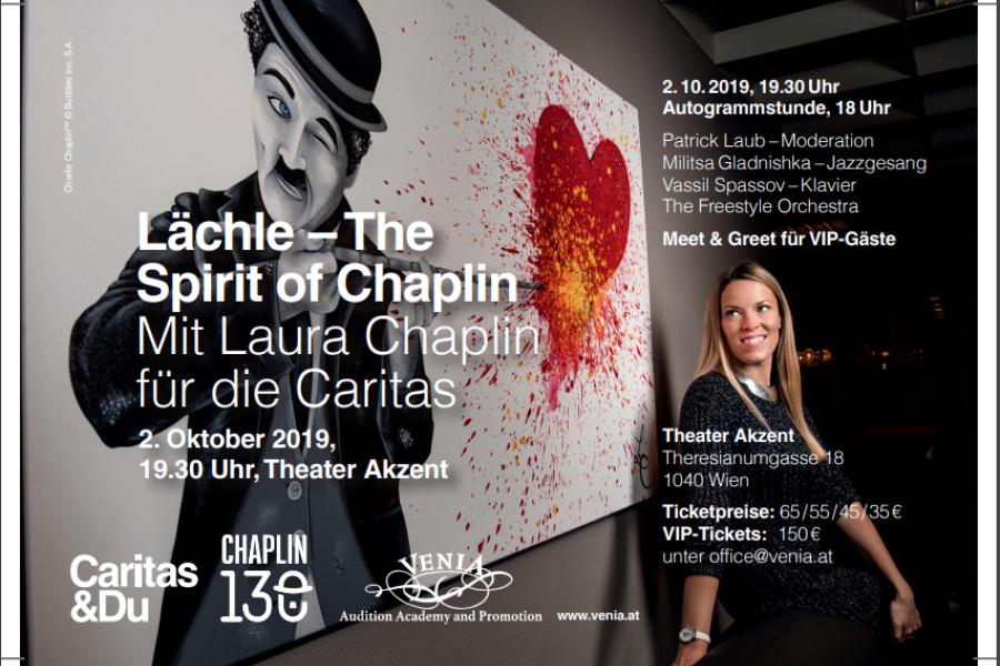 Plakat: Lächle - 130 Jahre Charlie Chaplin – mit Laura Chaplin für die Caritas