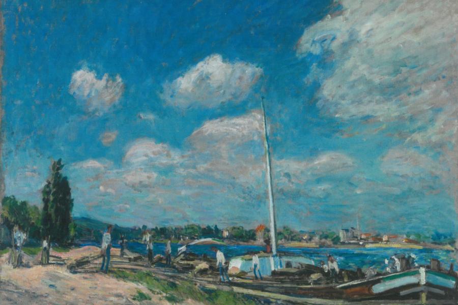 Alfred Sisley, Vykládání nákladních člunů v Billancourtu, 1877 Alfred Sisley, Unloading Barges at Billancourt, 1877 © Ordupgaard, Copenhagen / Photo Anders Sune Berg