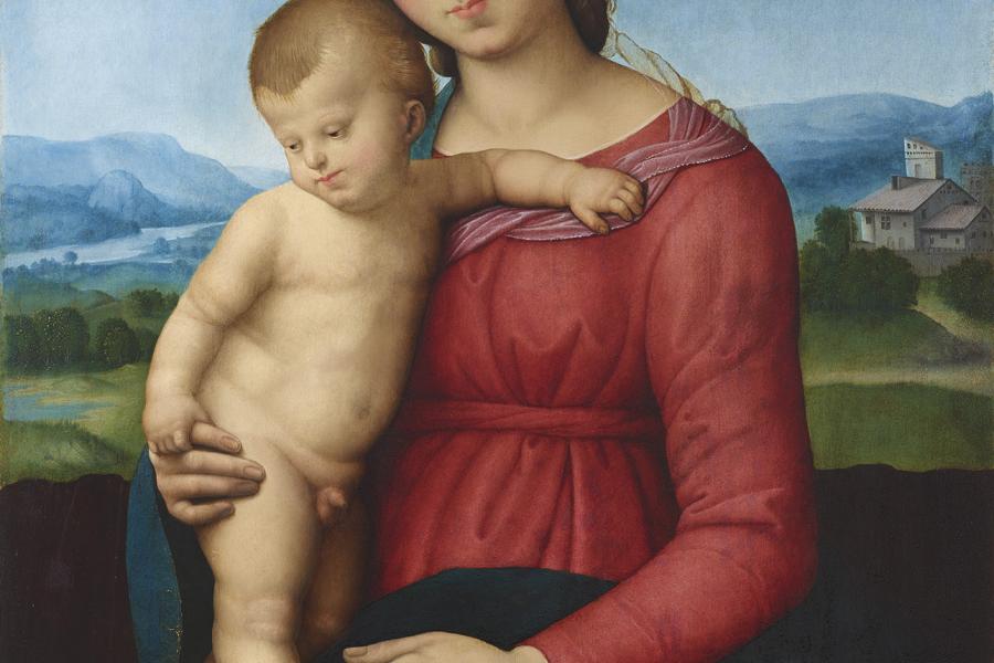 Raffaello Sanzio, gen. Raffael (1483–1520), Umkreis Madonna mit Kind, Öl auf Holz, 56,5 x 41,5 cm, erzielter Preis € 1.657.190