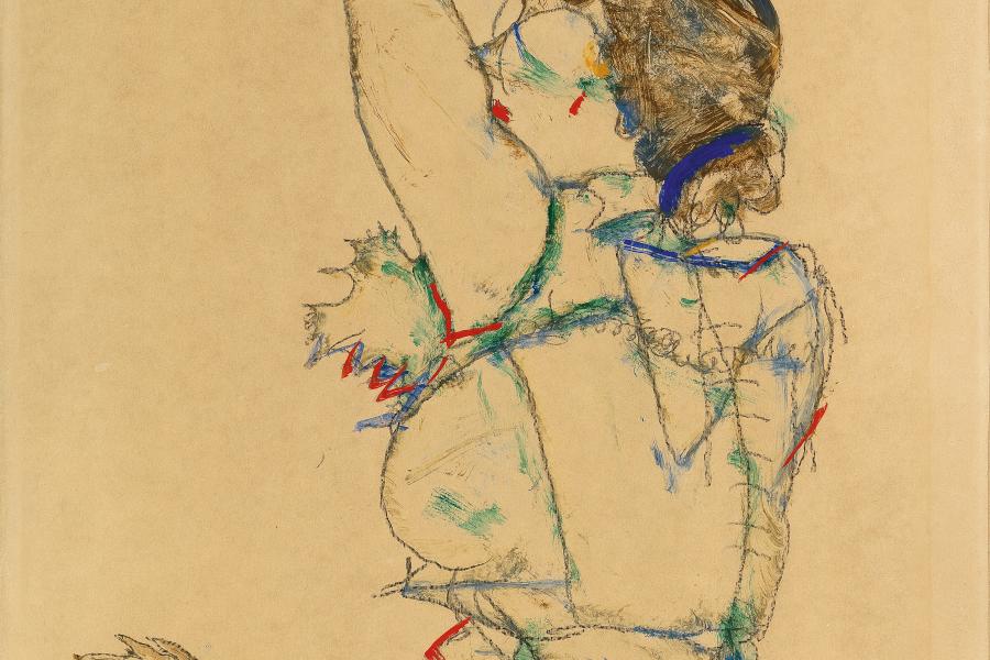 Egon Schiele (1890 - 1918) Frau mit erhobenen Armen, signiert, datiert 1914, Gouache, Aquarell, Bleistift auf Papier, 48,5 x 32,3 cm, Schätzwert € 900.000 - 1.600.000, Auktion 26. November 2019