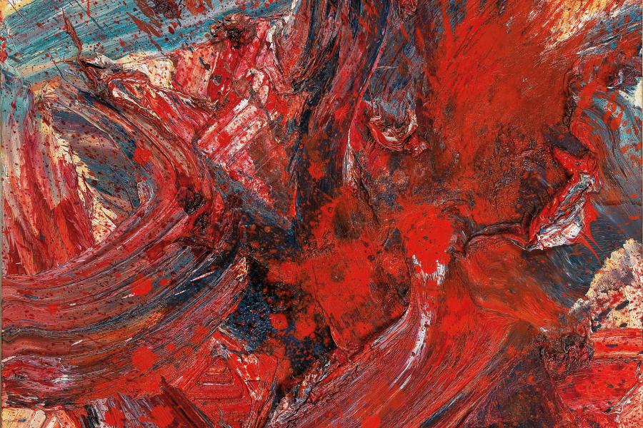 Kazuo Shiraga (Amagasaki/Japan 1924–2008) GI (Das Spiel), 1991, signiert Shiraga (Japanisch), auf der Rückseite nochmals betitelt, signiert, datiert in japanischer und lateinischer Schrift Kazuo Shiraga 1991 Dezember 1991, Öl auf Leinwand, 73 x 60,5 cm, erzielter Preis € 511.259