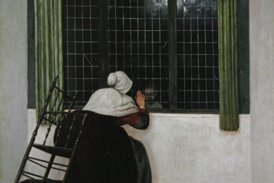 JACOBUS VREL, FRAU AM FENSTER, EINEM MÄDCHEN ZUWINKEND  Holz, 45,7 x 39,2 cm  Paris, Fondation Custodia, Collection Frits Lugt (Inv. 174)  © Fondation Custodia, Sammlung Frits Lugt, Paris