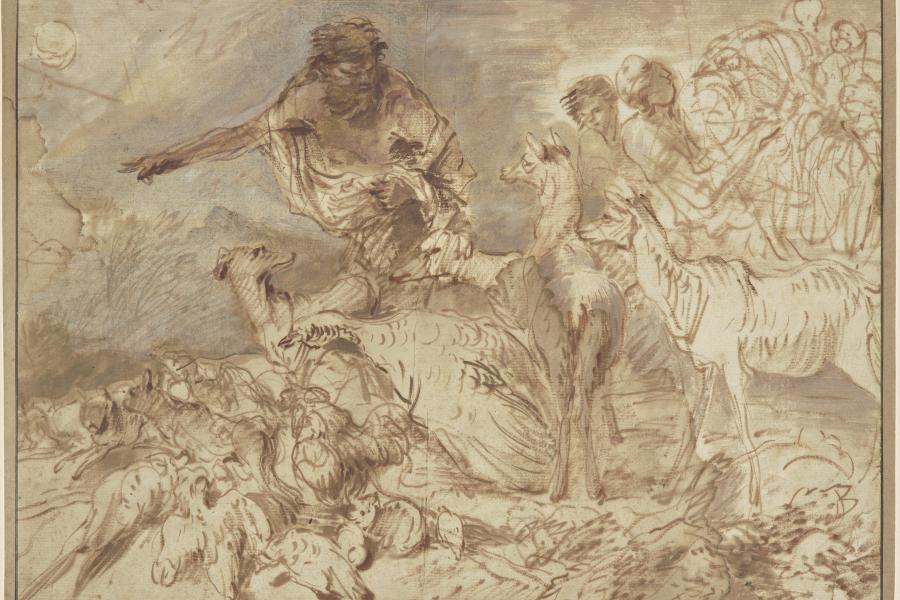 Giovanni Benedetto Castiglione (genannt Il Grechetto) Noah leitet die Tiere in die Arche, um 1660 Pinsel in Braun und Rotbraun, stellenweise Blaugrau, auf hellbeigem Papier, 32 x 45,4 cm Kunsthaus Zürich