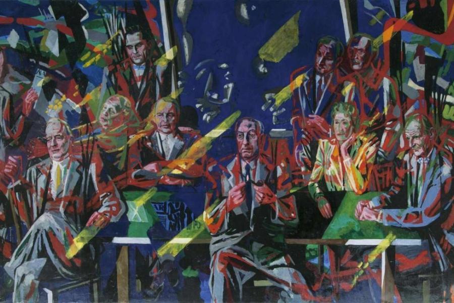 Karl Kluth (Halle/Saale 1898 - Hamburg 1972) Der Vorstand des Hamburger Kunstvereins 1955, Öl/Lw., 199 x 320 cm, ungerahmt.