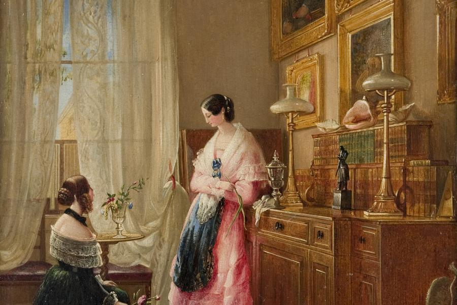 Emilie Schmäck, „Interieur mit stehender Dame und kniendem Blumenmädchen“, ca. 1850, Öl auf Leinwand, Neue Galerie Graz, Foto: Universalmuseum Joanneum/N. Lackner