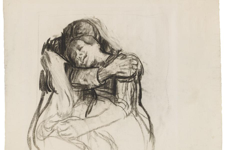 Käthe Kollwitz, Umschlungene, um 1909/10, Kohlezeichnung teils gewischt, auf gelblichem Bütten, NT (559a) © Käthe Kollwitz Museum Köln