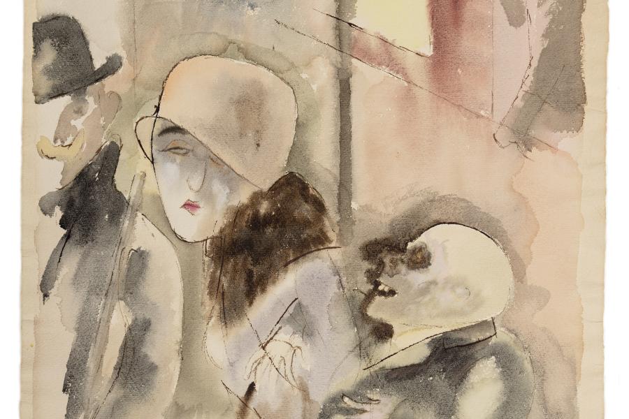 George Grosz „Nachts“, 1926, Aquarell und Feder auf dickem, genarbtem Aquarellkarton, 60,3 x 47,8 cm, rechts unten innerhalb der Darstellung mit Bleistift signiert: „Grosz“, links unten nummeriert: „Nr. 33“, sowie betitelt: „Nachts“ Foto: W&K - Wienerroither & Kohlbacher / © Bildrecht Wien, 2020