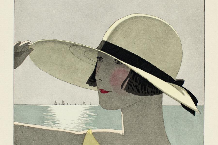 / André Édouard Marty, Auf La Digue – Sonnenhut von Marthe Collot, Illustration aus La Gazette du Bon Ton, 1925, Pochoir und Autotypie © MKG Hamburg / VG Bild-Kunst, Bonn 2020