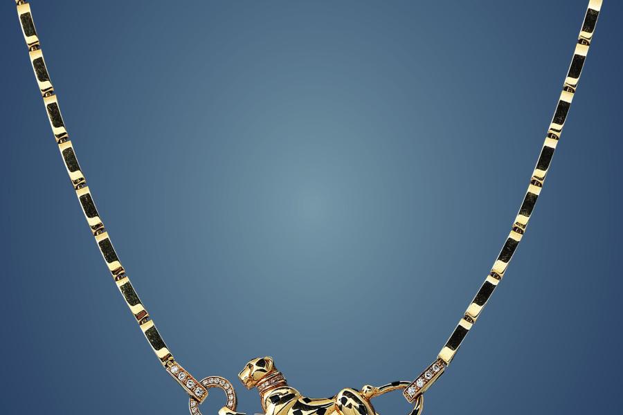 Cartier Panthère Collier, Gold 750, Brillanten zus. ca. 0,23 ct., Onyx, Tsavorit, schwarzer Lack,  36,4 g, Schätzwert € 9.000 - 14.000