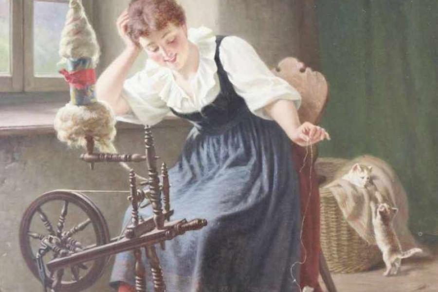 Hermann SONDERMANN (1832-1901), Mädchen mit Spinnrad und Katzen, Öl auf Leinwand, u.re. sign. und Ortsbez. Düsseldorf, Maße: ca. 49,5 x 40 cm, gerahmt, doubliert. Mindestpreis:	1.700 EUR