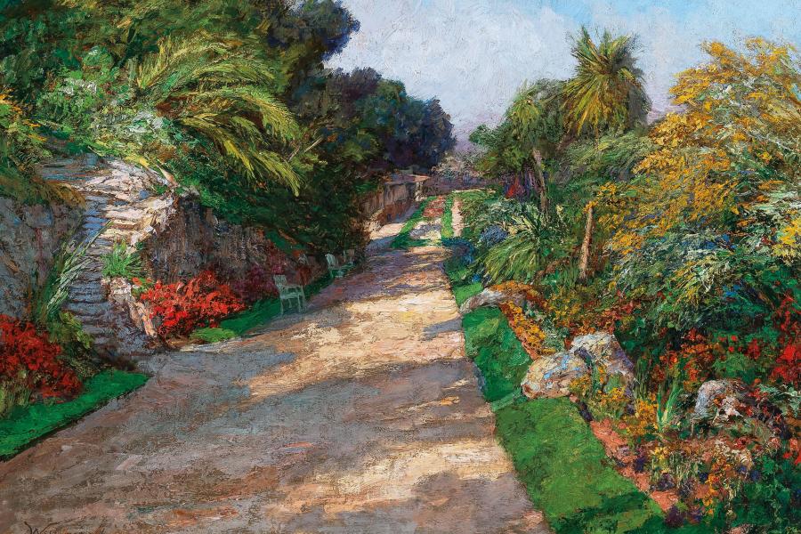 Olga Wisinger-Florian (Wien 1844–1926 Grafenegg) Gartenweg des Riviera Palace Hotels bei Monte Carlo, 1906, signiert Wisinger-Florian, Öl auf Karton, 50 x 71 cm, erzielter Preis € 137.500