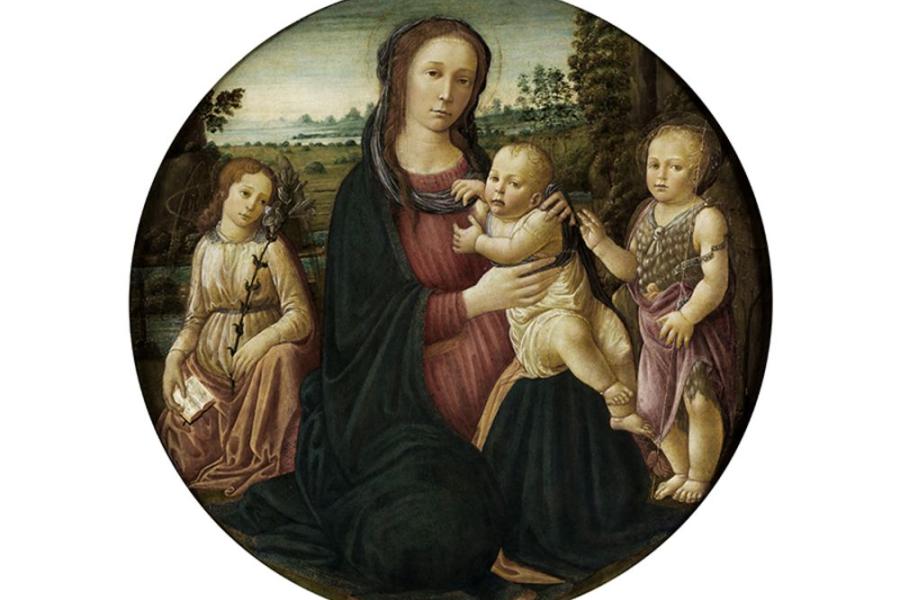 Jacopo del Sellaio, auch genannt "Jacopo di Arcangelo", 1441/42 Florenz "" 1493 ebenda MARIA MIT DEM KIND, DEM ERZENGEL GABRIEL UND DEM TÄUFERKNABEN Tempera auf Holz. Parkettiert. Durchmesser: 86 cm. Schätzpreis:	180.000 - 250.000 EUR