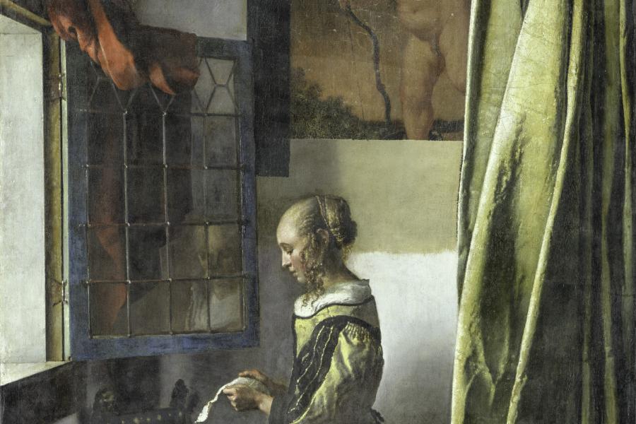 Johannes Vermeer, Brieflesendes Mädchen am offenen Fenster / Girl Reading a Letter at an Open Window, um / c. 1659 Aktueller Zwischenzustand der Restaurierung zum 16. January 2020, Öl auf Leinwand / current intermediate state of the restoration on 16 January 2020, oil on canvas  © SKD, Foto: Wolfgang Kreische