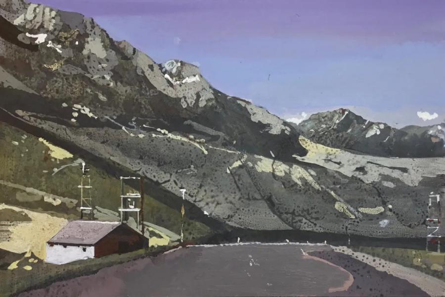 john harmer grey mountain 18cm x 27cm acrylic on water resistant board