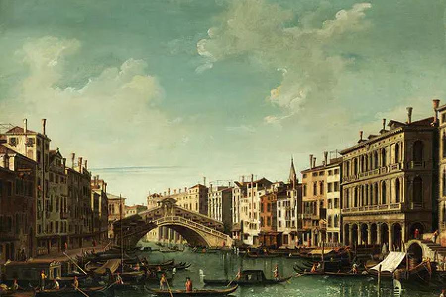 340 Bernardo Bellotto, genannt „Canaletto“, 1721 Venedig – 1780 Warschau  VENEDIG, CANAL GRANDE MIT BLICK AUF DIE RIALTO-BRÜCKE Öl auf Leinwand. 55,5 x 73,5 cm.  Katalogpreis € 450.000 - 600.000