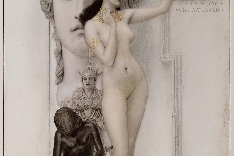 Klimts Lehrer. Jahre an der Kunstgewerbeschule Allegorie der Skulptur, Seite aus der Festschrift des k. k. Österreichischen Museums für Kunst und Industrie, Wien, 1889 Auftraggeber: Kunstgewerbeschule Illustrator: Gustav Klimt © MAK