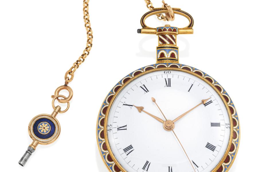 William Ilbery  Taschenuhr | London | Um 1800 | Gold, Email mit Diamant-Rosen | Ø 58mm Taxe: 12.000 – 15.000 €