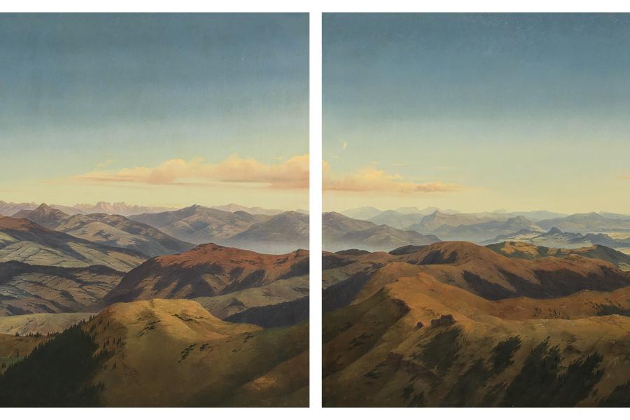 Markus Pernhart (Untermieger 1824–1871 St. Ruprecht bei Klagenfurt) Großes Panorama der Koralpe, Öl auf Leinwand, 4 Gemälde je 92 x 190 cm, gerahmt Provenienz: Vom Urgroßvater der aktuellen Eigentümer vermutlich direkt beim Künstler erworben, seit vier Generationen Privatsammlung Österreich. erzielter Preis € 283.900