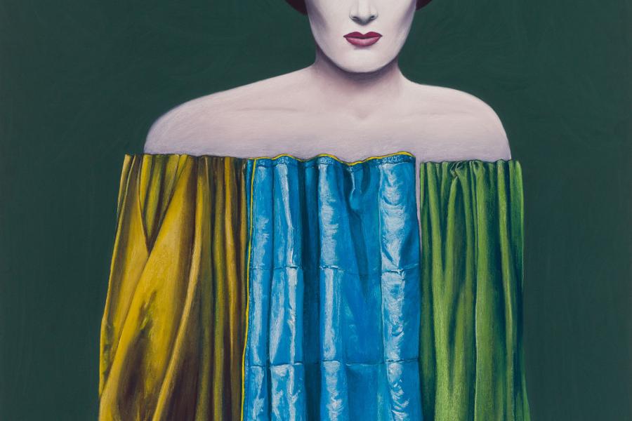 Nicolas Party Portrait with Curtains 2021 Weiche Pastellfarben auf Leinen / Soft pastel on linen 149.9 x 127 cm Photo: Adam Reich