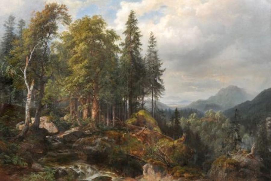 007   Carl Maria Nikolaus Hummel "Tannenwald mit Felsblöcken, Motiv aus dem Bayr[ischen]. Wald". 1869.