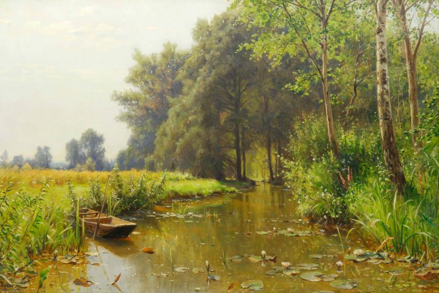 Moras, Walter (1856 Berlin - 1925 Harzburg) Spätsommerliche Landschaft im Spreewald, mit Kahn am Ufer, Seerosen auf dem Wasser. Öl auf Leinwand. 80 x 120 cm. Links unten signiert. Gerahmt.