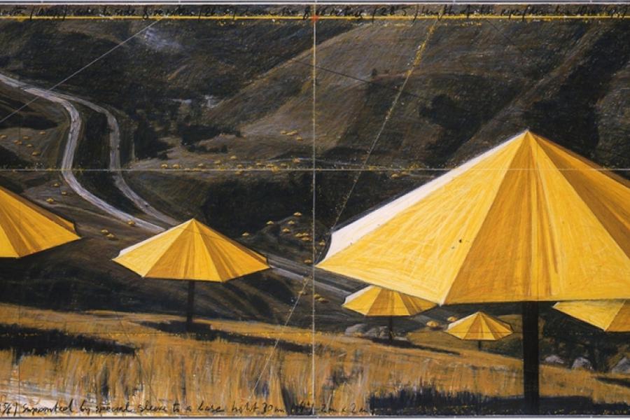 Christo, The Umbrellas, Joint Project for Japan and USA, 1989, Collage in two parts: Pencil, charcoal, wax crayon, pastel, photograph by Wolfgang Volz, enamel paint and topographic map