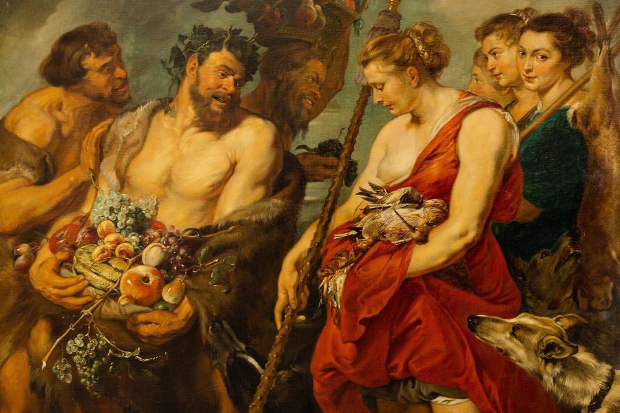 Rubens, Peter Paul (1577-1640) nach 18./19. Jh. Öl/Lw. Dianas Heimkehr von der Jagd. Um 1616. (Rest.). Die Jagdgöttin, die auch die Keuschheit symbolisiert, trifft auf das wilde Gefolge des Bacchus. 135 x 180 cm. Vergoldeter Prunkrahmen. Das originale Gemälde befindet sich in der Gemäldegalerie in Dresden. (e8238001)	Limit 10.000, - EURO