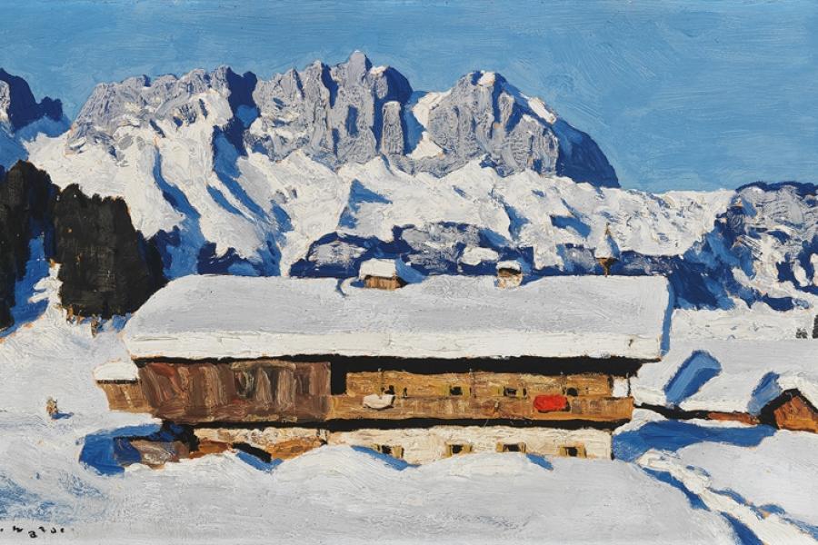 Alfons Walde (Oberndorf 1891 - 1958 Kitzbühel) Wilder Kaiser mit Bauernhof im Winter, ca. 1930, Öl auf Karton, 41,5 x 67 cm, erzielter Preis € 790.500