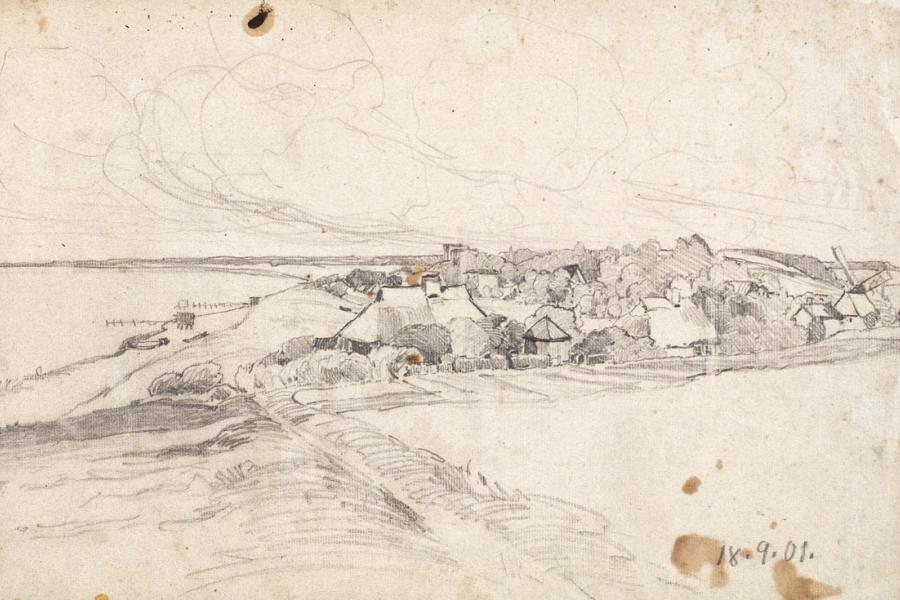 Paul Müller-Kaempff, o. T. (Blick auf Ahrenshoop, 18.9.01.), Bleistift, 29,5 x 41 cm, Sammlung der Gemeinde Ahrenshoop/Förderkreis Ahrenshoop e. V. (c) kunstmuseum-ahrenshoop.de