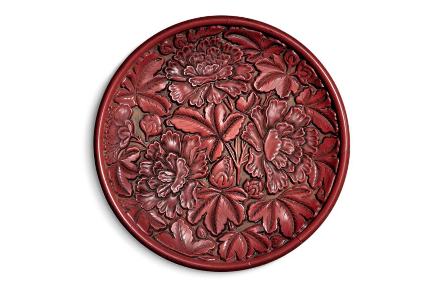 10916, A Magnificent Carved Cinnabar Lacquer 'Hibiscus' Dish