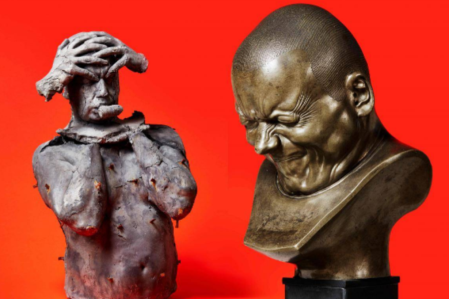 Marc Quinn, Emotional Detox II, 1995 (copyright Marc Quinn Studio) and Franz Xaver Messerschmidt, Character Head No.33, 1777/1783 (copyright Belvedere, Wien) Image courtesy of Marc Quinn studio