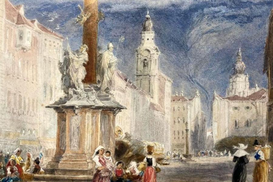 James Holland Burslem, Staffordshire 1799 – 1870 London Die Anna-Säule in Innsbruck, 1858 Aquarell über Bleistift auf Papier 346 × 252 mm Erworben 2021 bei Sotheby’s London Inv. Nr. 17 Z  © TLM