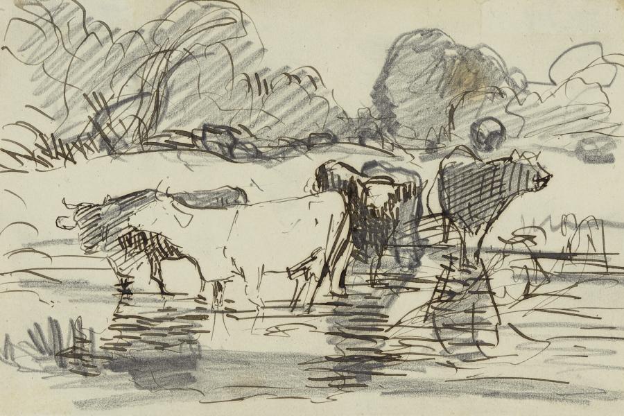 Rudolf Koller, Studie zu «Kühe im Wasser». Aus: Skizzen- buch P 55, fol. 32, vor 1869 Feder in Braun und Grafitstift auf Papier, 16,7 x 10,5 cm Kunsthaus Zürich, 1905