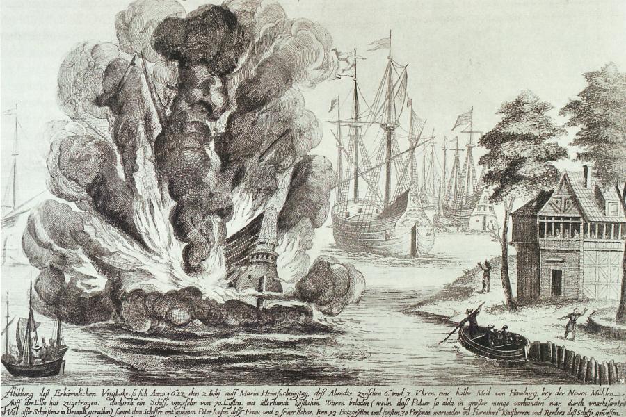 Schiffsexplosion bei Neumühlen 1622, Kupferstich, Museum für Hamburgische Geschichte