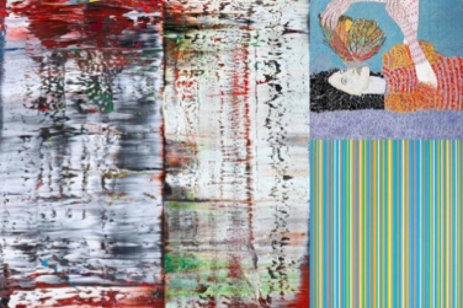 Left to Right: Gerhard Richter’s ‘Abstraktes Bild’, María Berrío’s ‘The Lovers 3’ and Bridget Riley’s ‘Delos’