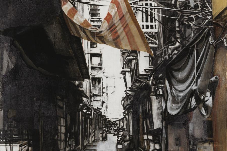 Miha Štrukelj Alley VIII Acryl, Tusche, Bleistift, Kohle, Papier, Kreppband auf Leinwand 200 x 140 cm