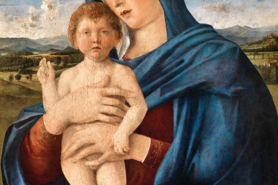 Giovanni Bellini und Gehilfe (Venedig oder Padua um 1430–1516 Venedig), Madonna mit Kind, Öl auf Holz, auf Leinwand übertragen, 79,5 x 59,5 cm, erzielter Preis € 1.402.500