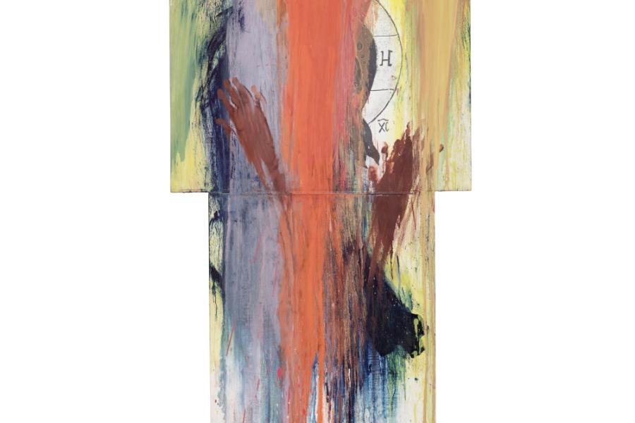 Arnulf Rainer, o. T. (1996), Öl und Mischtechnik auf Papier auf Holz, 150 x 80 cm