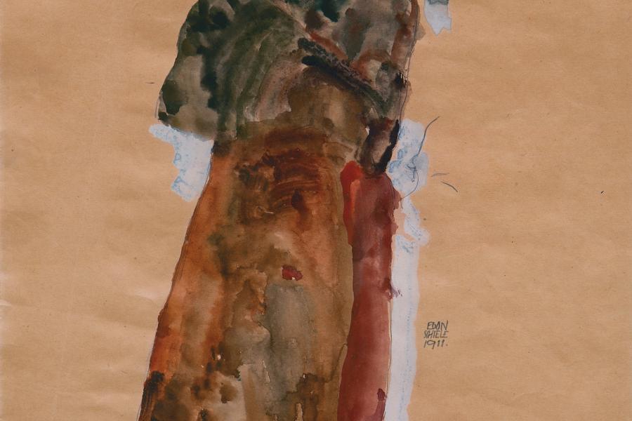 Egon Schiele Stehendes Mädchen, das Gesicht mit beiden Händen bedeckend, 1911 Gouache, Aquarell und Bleistift auf Papier, 448 × 314 mm