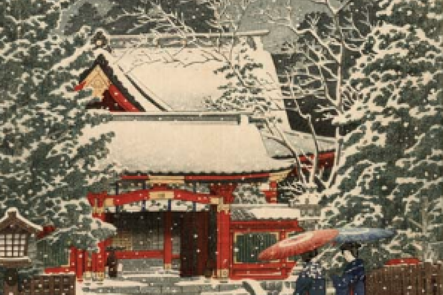 Kawase Hasui (1883-1957)  Zwei Frauen unter ihren Schirmen bei fallendem Schnee an einem Wintertag, unterwegs zum Haupteingang des Hie-Schreins in Chiyoda-ku in Tokio.