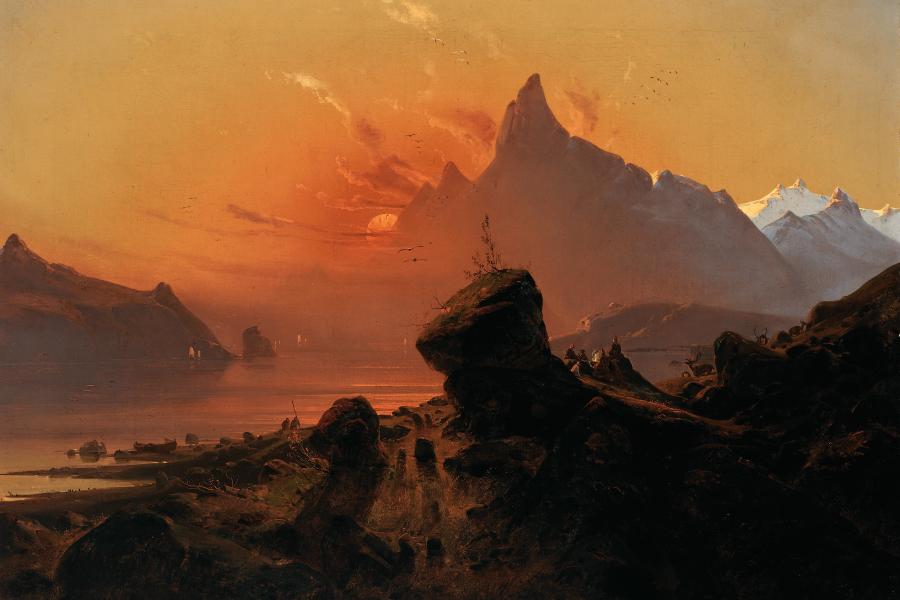 Franz Wilhelm Schiertz, Norwegische Fjordlandschaft bei untergehender Sonne, 1849 Öl auf Leinwand, 58,5 x 76 cm Dauerleihgabe Karl-Walter und Charlotte-Breitling Stiftung © Kunsthalle zu Kiel, Foto: Martin Frommhagen