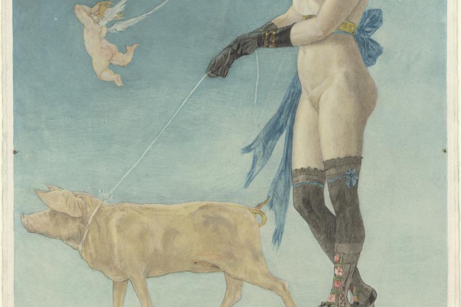 Albert Bertrand (1854–1912) nach Félicien Rops (1833 - 1898) Die Dame mit dem Schwein / La dame au cochon (Pornokrates), 1896 Radierung und Aquatinta (von mehreren Platten) auf Kupferdruckkarton 685 x 457 mm (Plattenmaße) Hamburger Kunsthalle, Kupferstichkabinett © Hamburger Kunsthalle / bpk, Foto: Christoph Irrgang