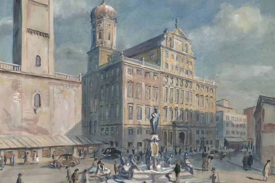 Aquarell Wolfgang Letts. Rathausplatz 1950