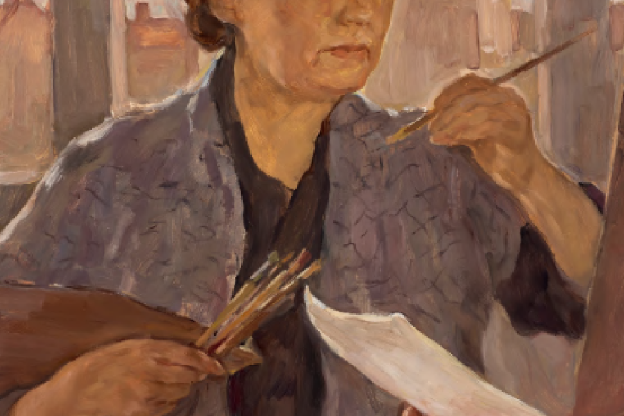 Lotte Laserstein Selbstportrait mit Palette und Pinsel mit angeschnittener Figur1962Oil on masoniteSigned and dated (c) PHOTO COURTESY OF GALERIE LUDORFF