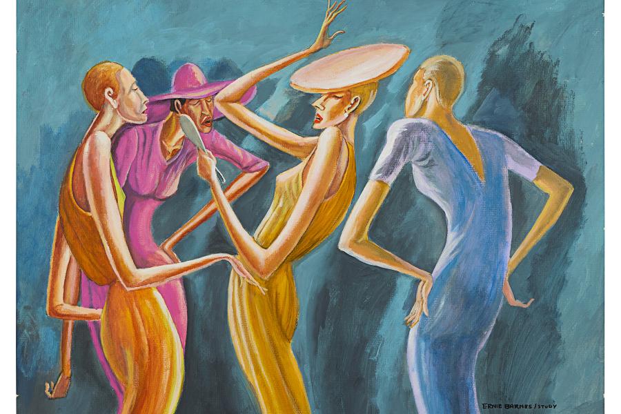 Ernie Barnes, Four Ladies with Gold Hat, 1998, Acrylic on paper, Estimate: $25,000 - 35,000