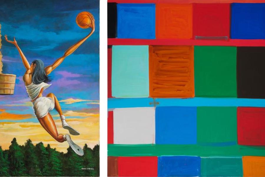 From left to right: Ernie Barnes, The Dunk, 1998, Acrylic on canvas, Estimate: $250,000 - 350,000; Stanley Whitney, Red, Green, Black, Blues, 2013, Oil on linen, Estimate: $500,000 - 700,000