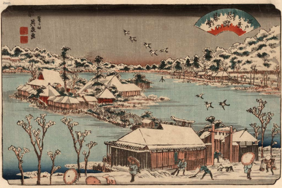 Keisai Eisen (1790-1848)  Ansicht des Benten-Schreins auf der kleinen Insel im Shinobazu-Teich in Ueno, an einem Winterabend im Schnee.  Titel: Shinobugaoka no bosetsu (Abendschnee in Shinobugaoka, d. i. am Shinobu-Hügel)